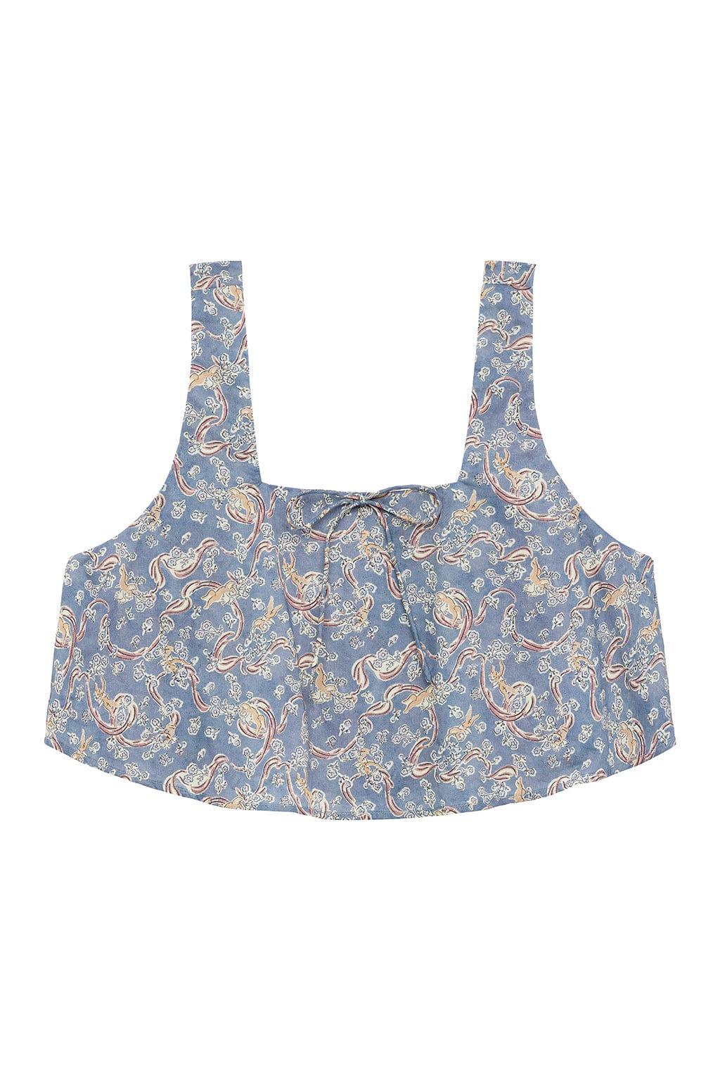Blue crop top with paisley and floral print, square neckline, wide shoulder straps, and center front tie detail.