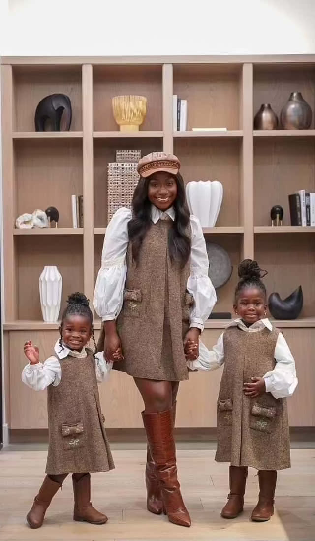 Girl | Herringbone Dress and Blouse Set | Brown x White