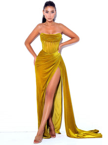 Priya Draping Corset High Slit Velvet Gown | Gold