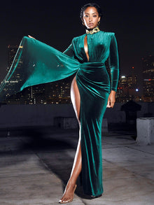 Zenaida Cutout High Slit Velvet Gown | Emerald Green