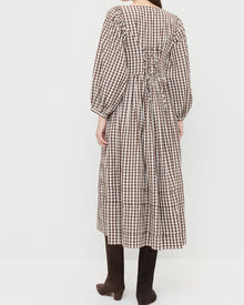 Diane Dress in brown and cream gingham cotton and Cleo Brown Suede Mid-Calf Boot.