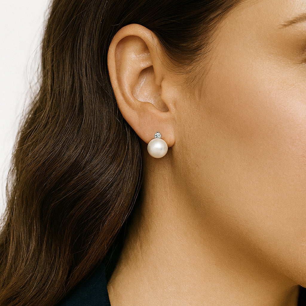 Round Stud Earrings - I | 14K Yellow Gold | 0.066 Carat Lab Grown Diamond/White Freshwater Pearl | 7mm - 8mm | G-SI