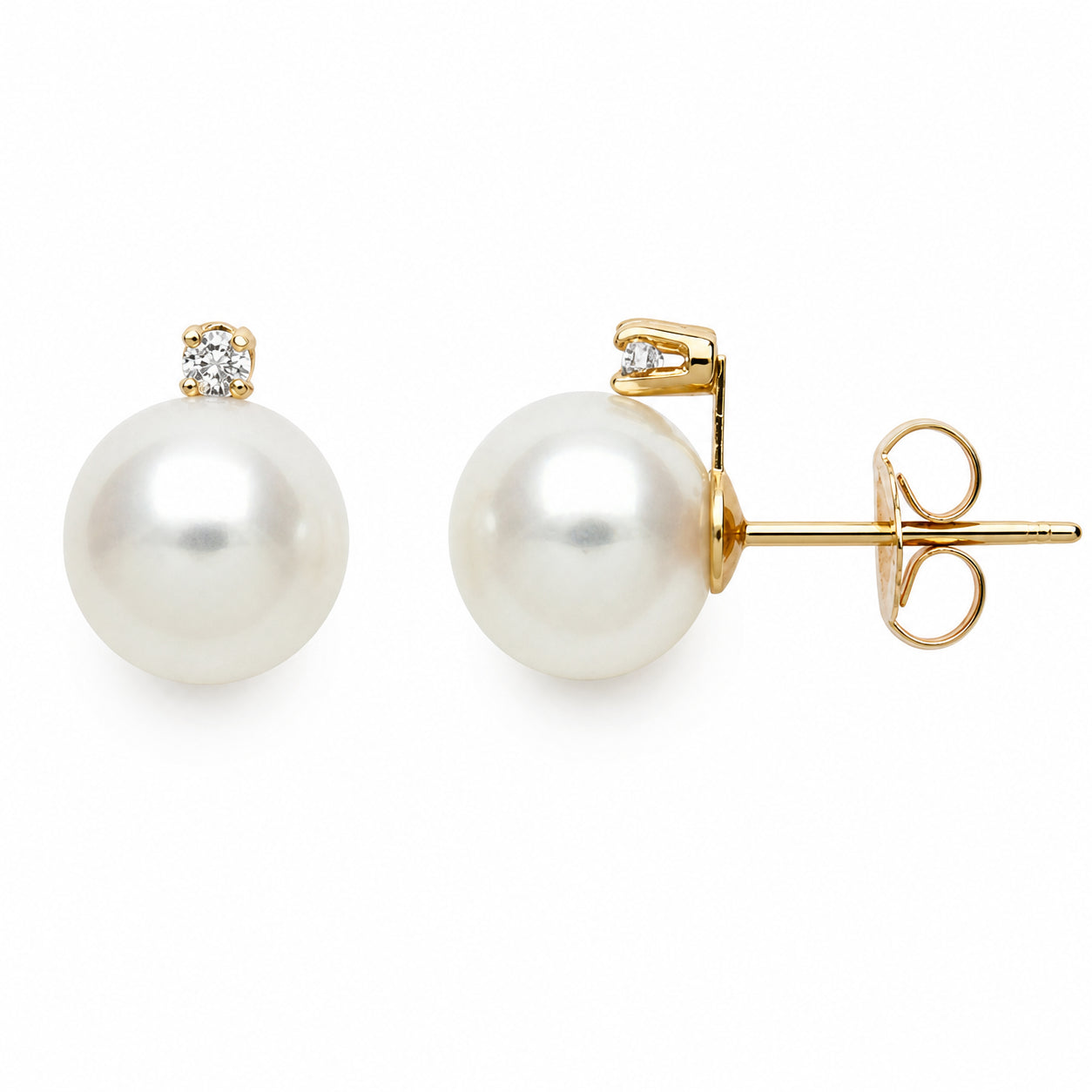 Round Stud Earrings | 14K Yellow Gold | 0.066 Carat Lab Grown Diamond/White Freshwater Pearl | 6mm - 7mm | G-SI