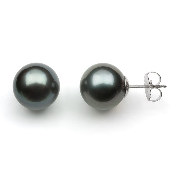 AA+ Round Stud Earrings | 14K White Gold | Black Tahitian Pearl | 11mm - 12mm | Pushback Clasp