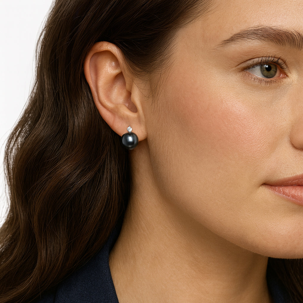 Round Stud Earrings | 14K Yellow Gold | 1/4 Carat Lab Grown Diamond/Black Tahitian Pearl | 11mm - 12mm | G-SI