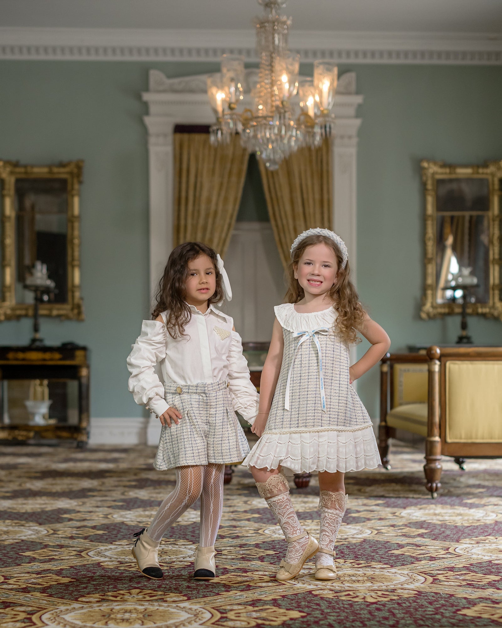 Girl | Iris Blouse and Tweed Shorts Set | White x Ivory x Blue