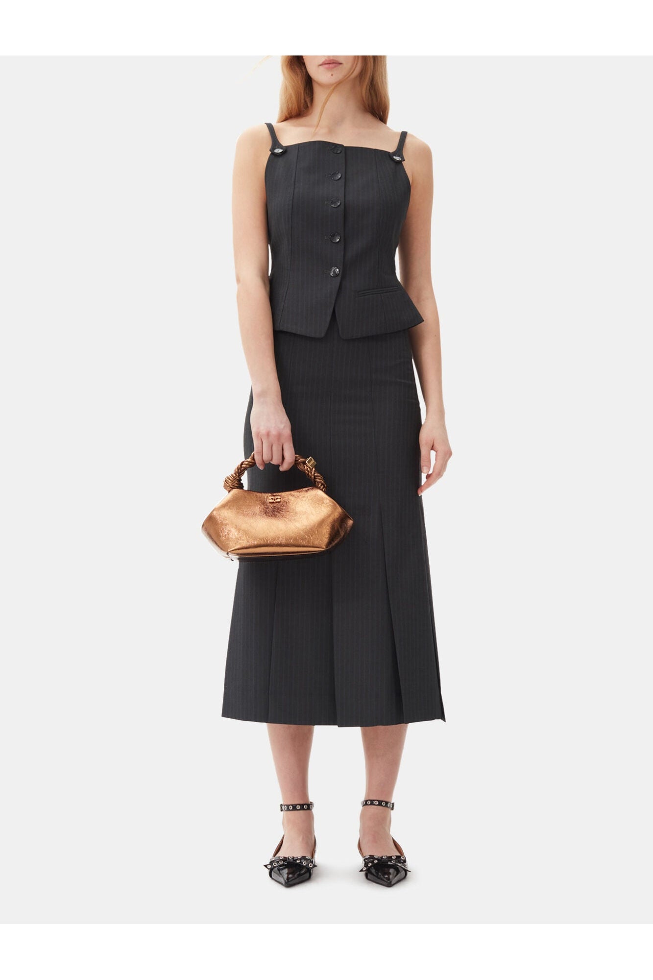 Dark Grey Stripe Suiting Midi Skirt | Phantom