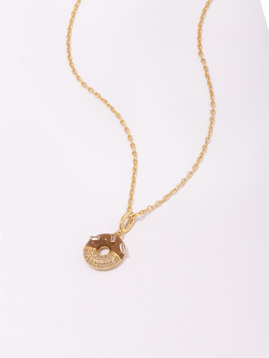 Donut Coffee Glazed Necklace | 5A Grade Cubic Zirconia/Enamel | 14K Gold Plated Brass
