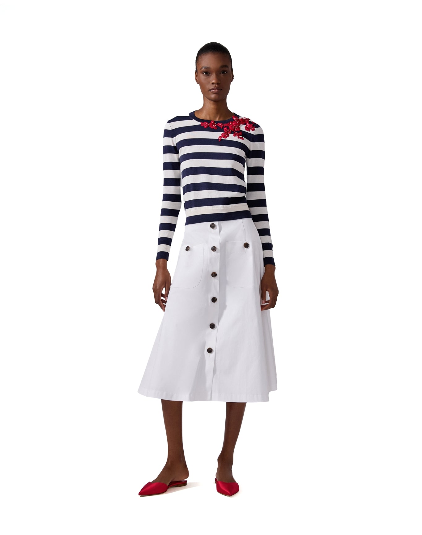 Button Front Midi Skirt | White