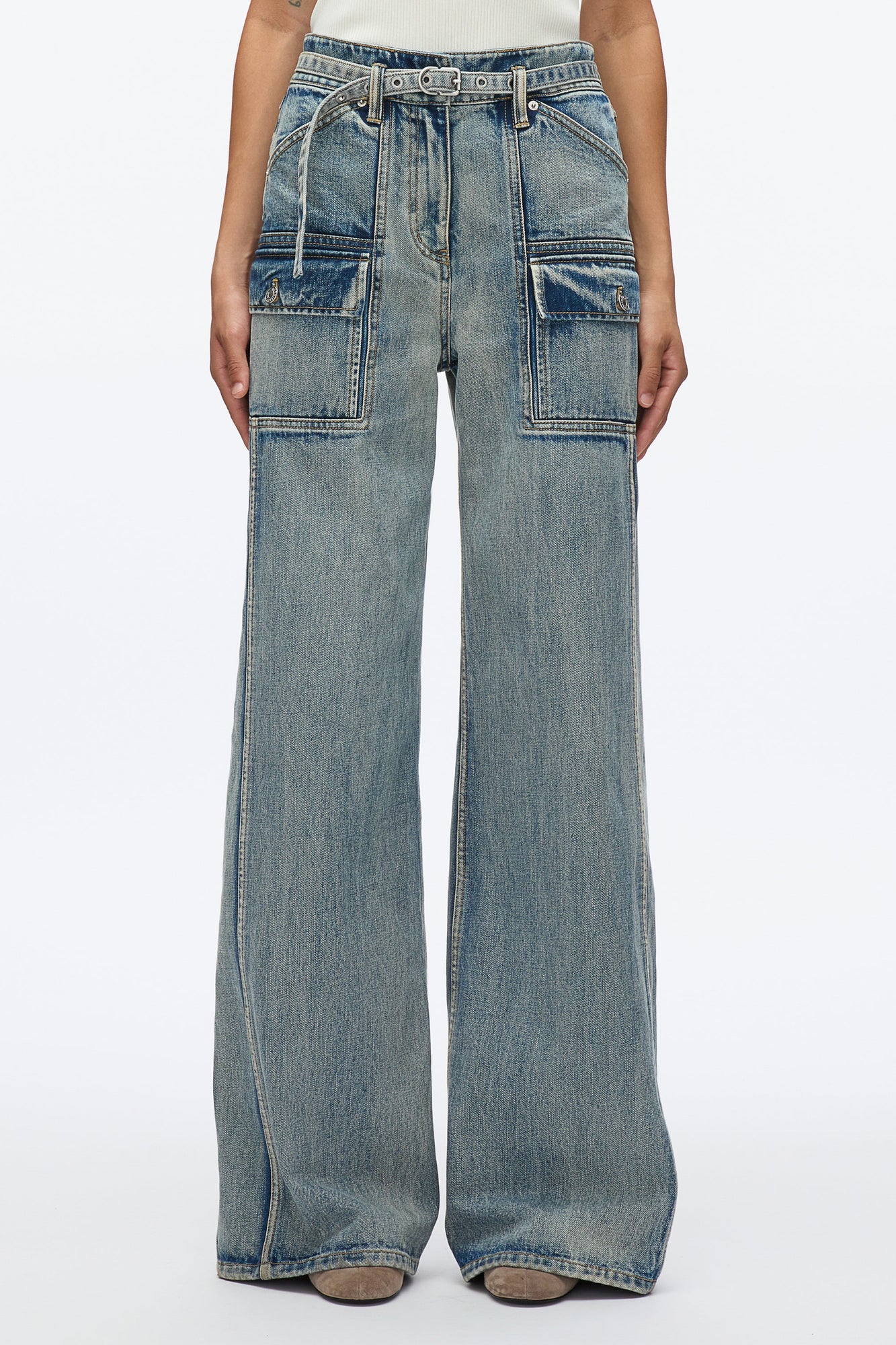 Cargo Wide Leg Belted Jeans | Washed Indigo