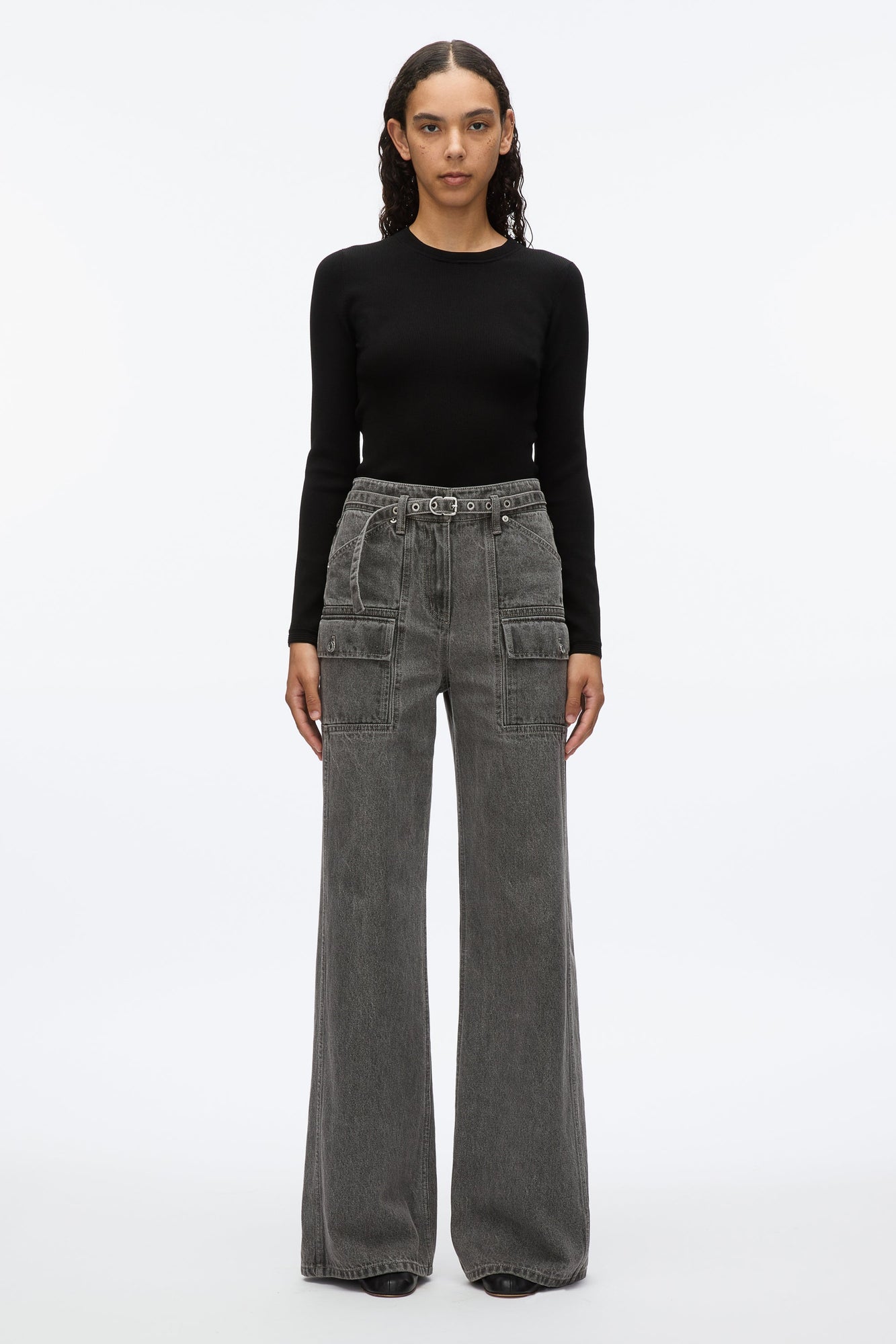 Cargo Wide Leg Belted Jeans | Washed Grey