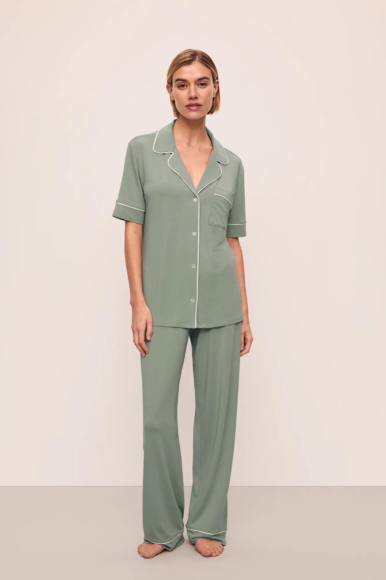 Model is wearing Gisele TENCEL Modal Short Sleeve & Pant PJ Set in Eucalyptus/Ivory