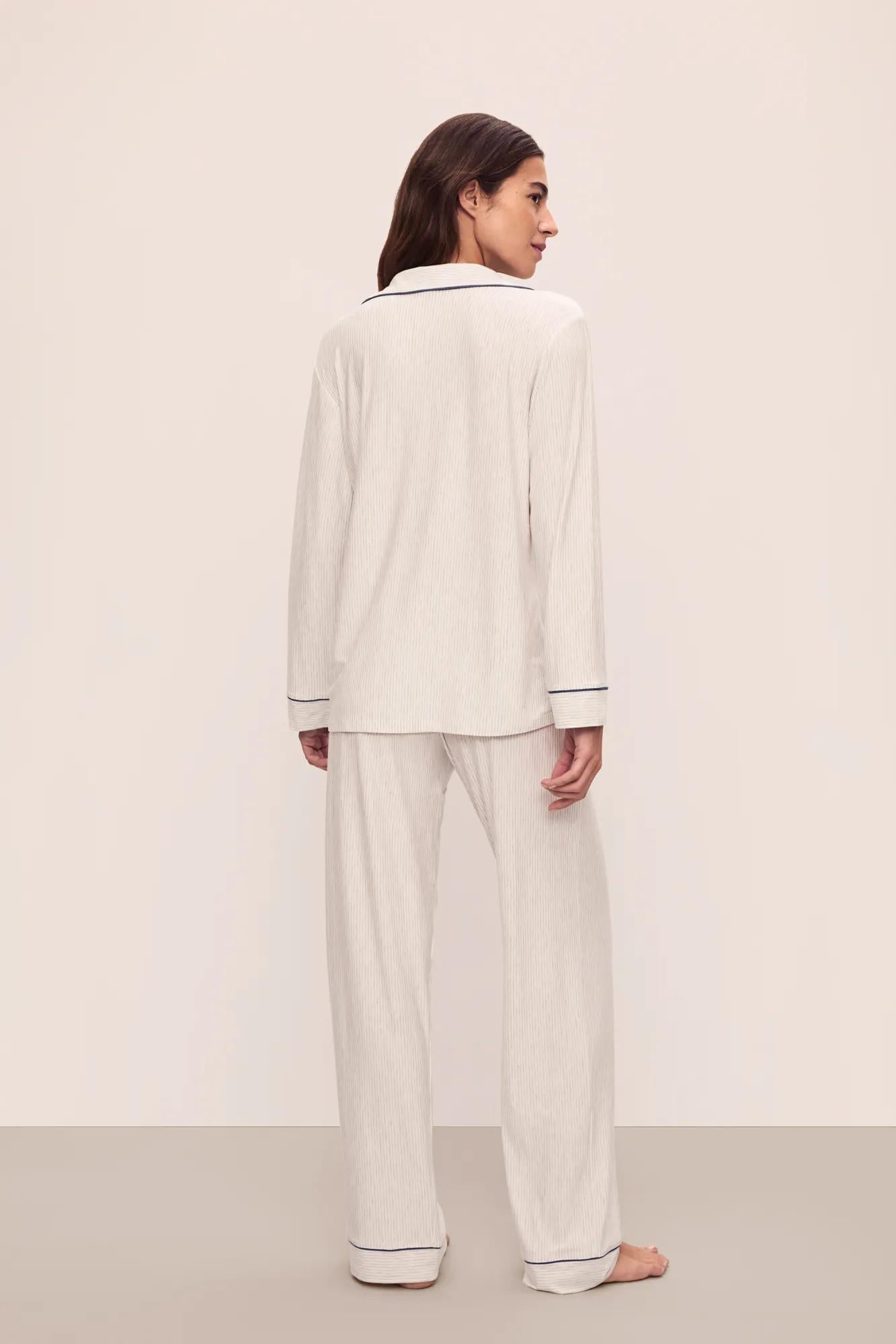 Model is wearing Gisele Printed TENCEL Modal Long PJ Set in Heritage Stripe Light Heather Grey/Peppercorn