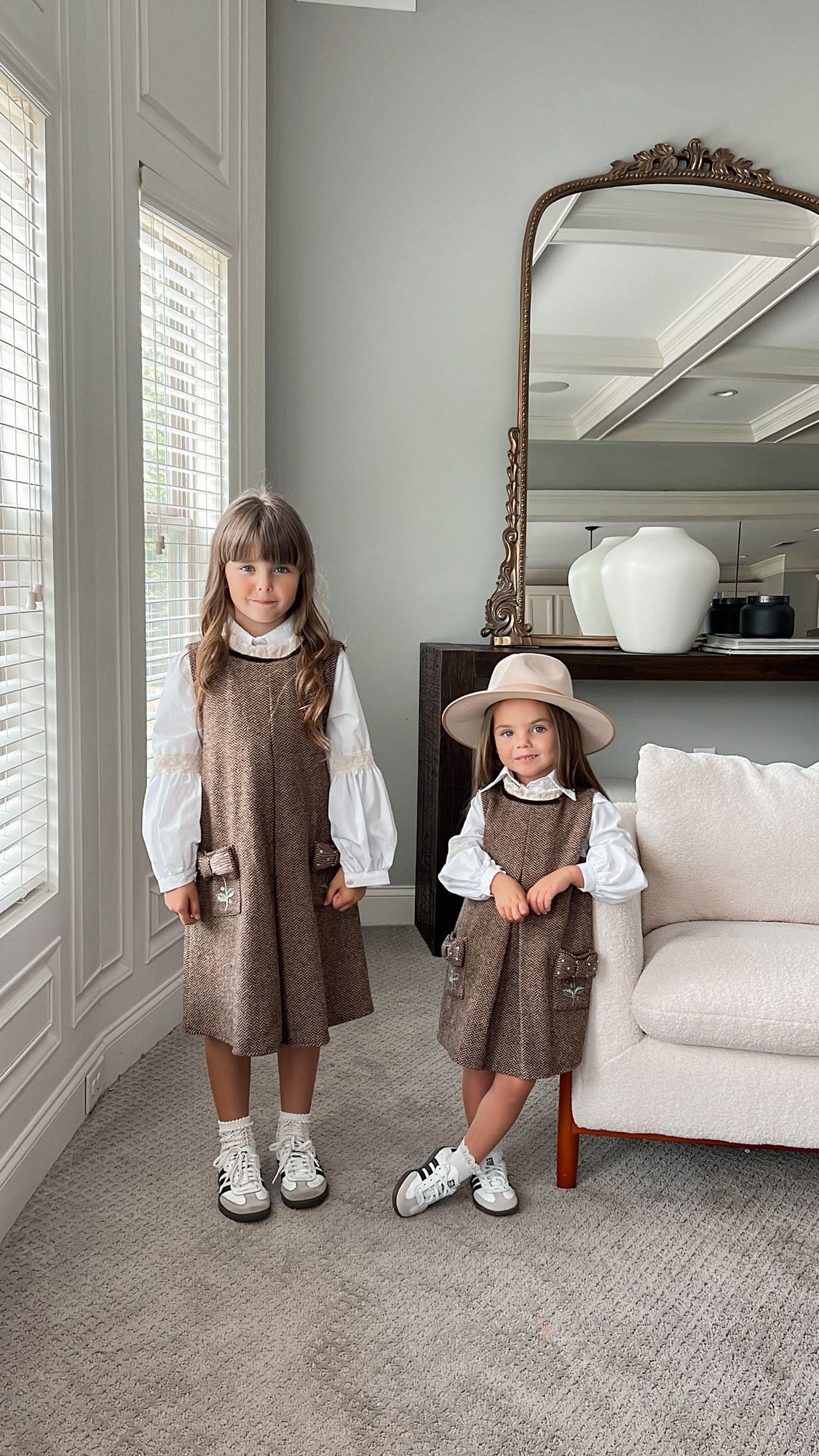 Girl | Herringbone Dress and Blouse Set | Brown x White