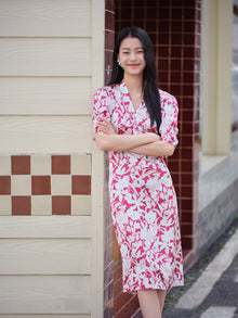 Silk Printed Waist-Cinched Dress | Red