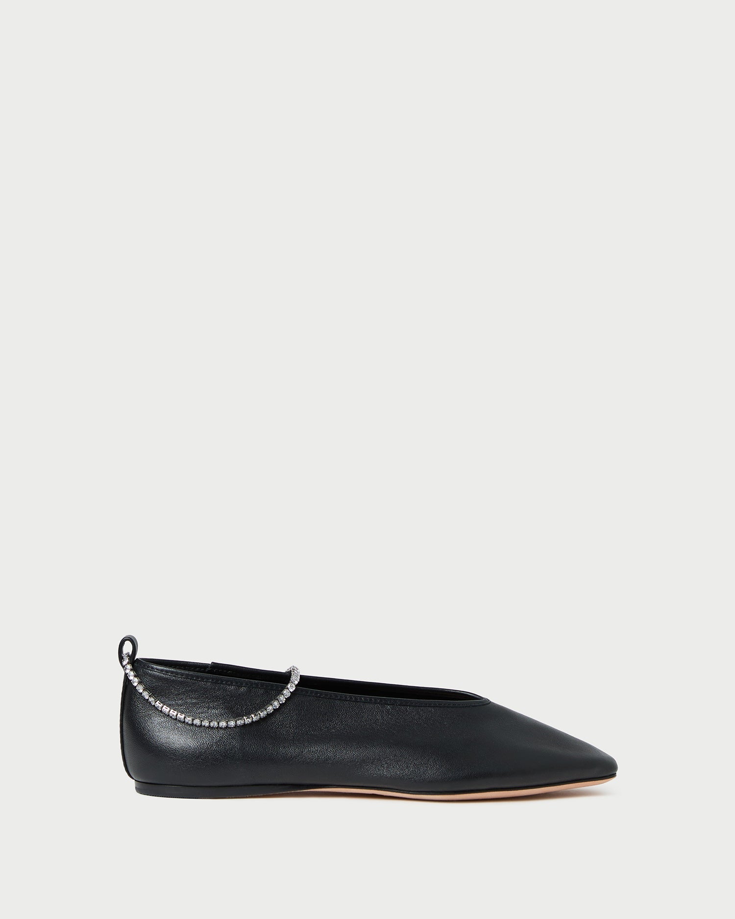 Emery Black/Crystal Ballet Flat in black leather with crystal accents.
