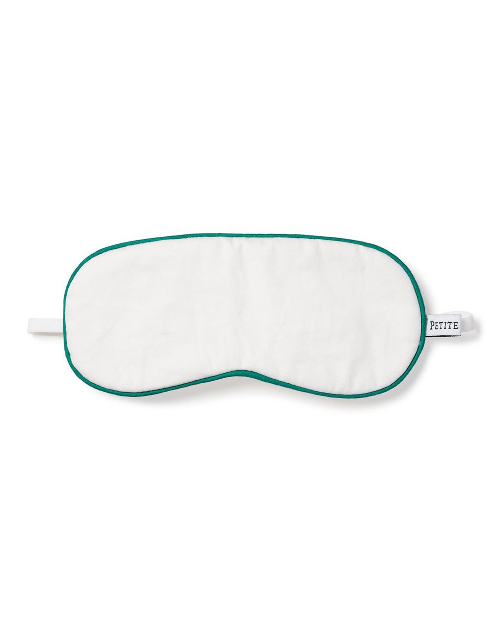 The Kids Sleep Mask by Petite Plume, in white with green piping and an elastic strap, is a perfect addition to your luxurious sleepwear collection. Featuring a small PETITE tag on the right side, this mask completes your serene bedtime ensemble.