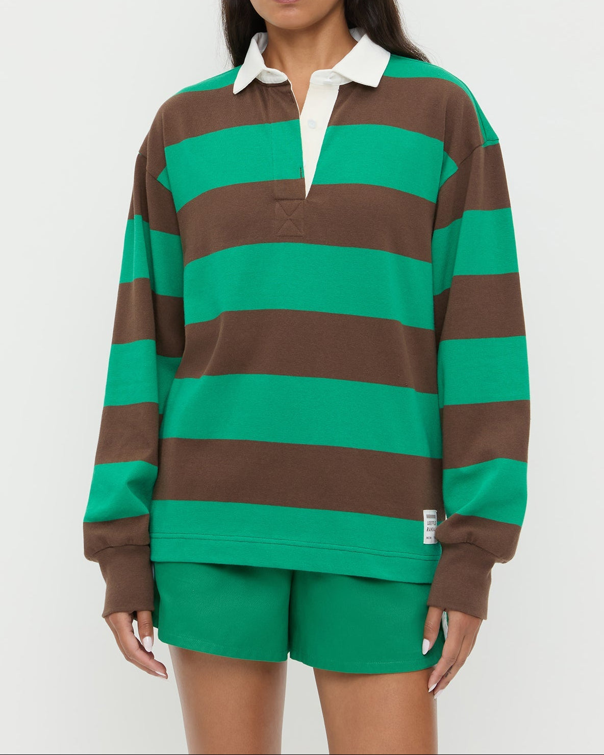 Evan Rugby Shirt in green and brown striped cotton and Cole Short in green cotton.