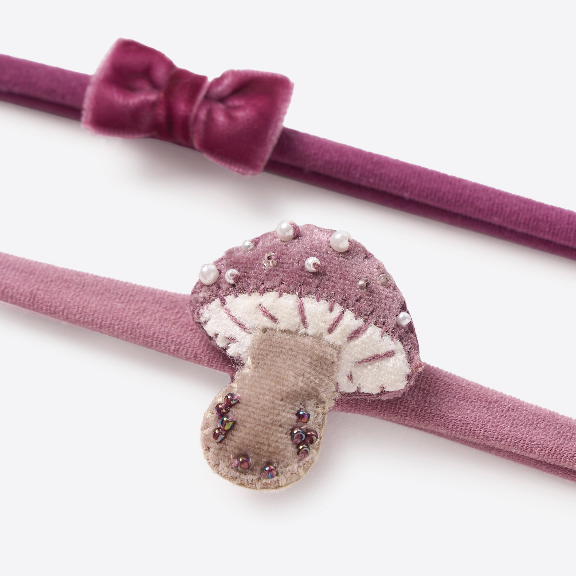 Girls | Velvet Bow + Mushroom Headband Set | Dark Violet