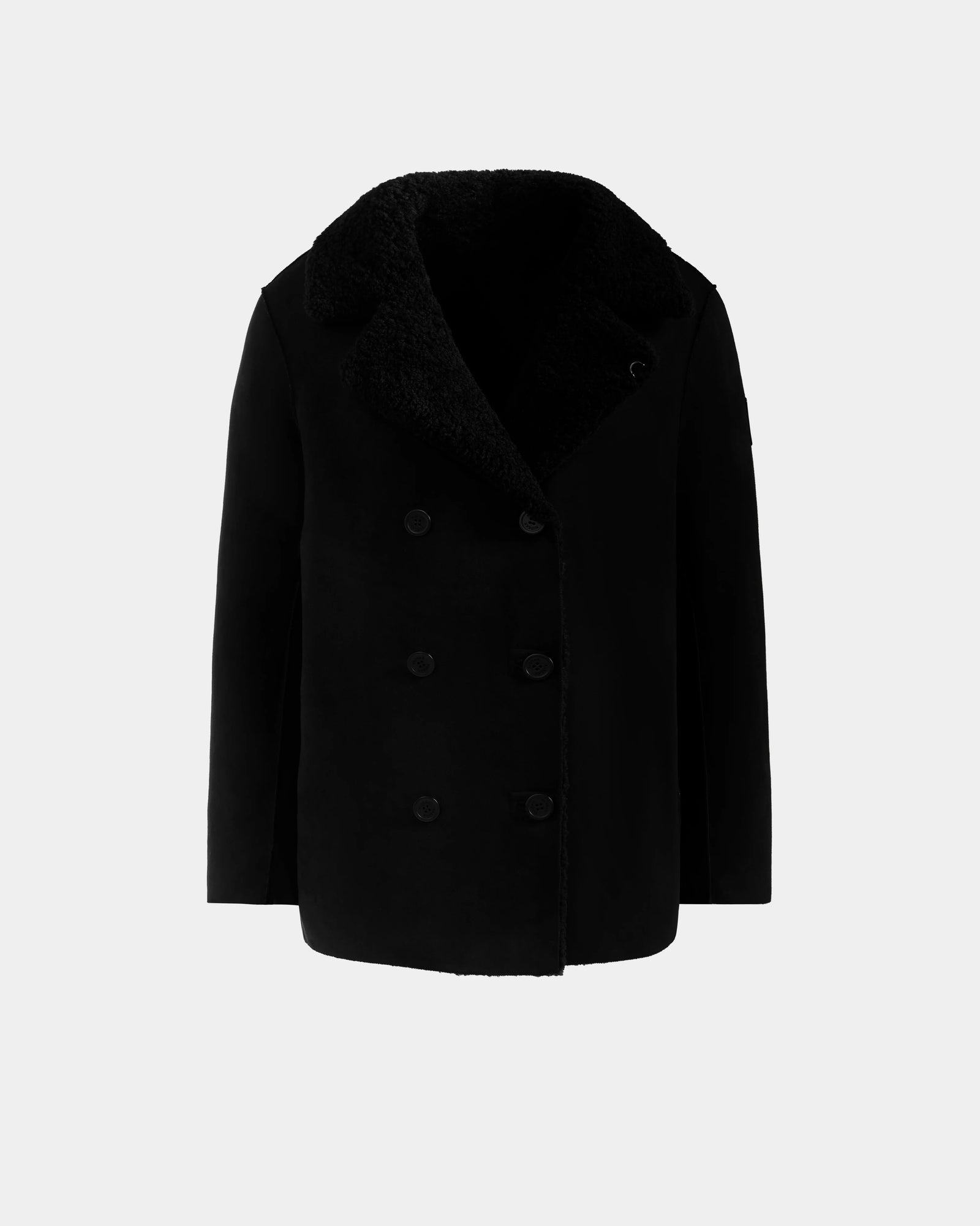 The ELTON - M125534 Black overcoat by Rudsak features a double-breasted design, wool-like fabric, and a textured faux shearling collar, shown against a plain light gray background.
