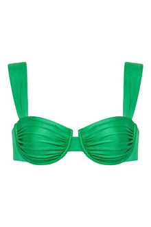 Emerald green bikini top with ruched cup detailing and tall shoulder straps.