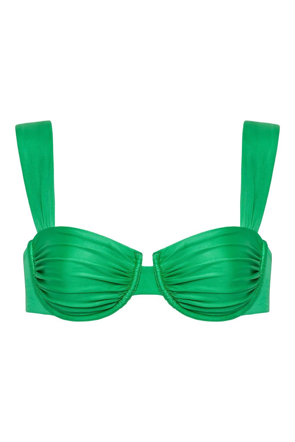 Emerald green bikini top with ruched cup detailing and tall shoulder straps.