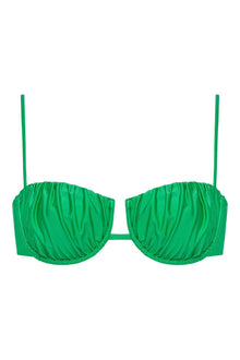 Green bikini top with ruched petal-shaped cups, thin shoulder straps, and center front clasp closure.