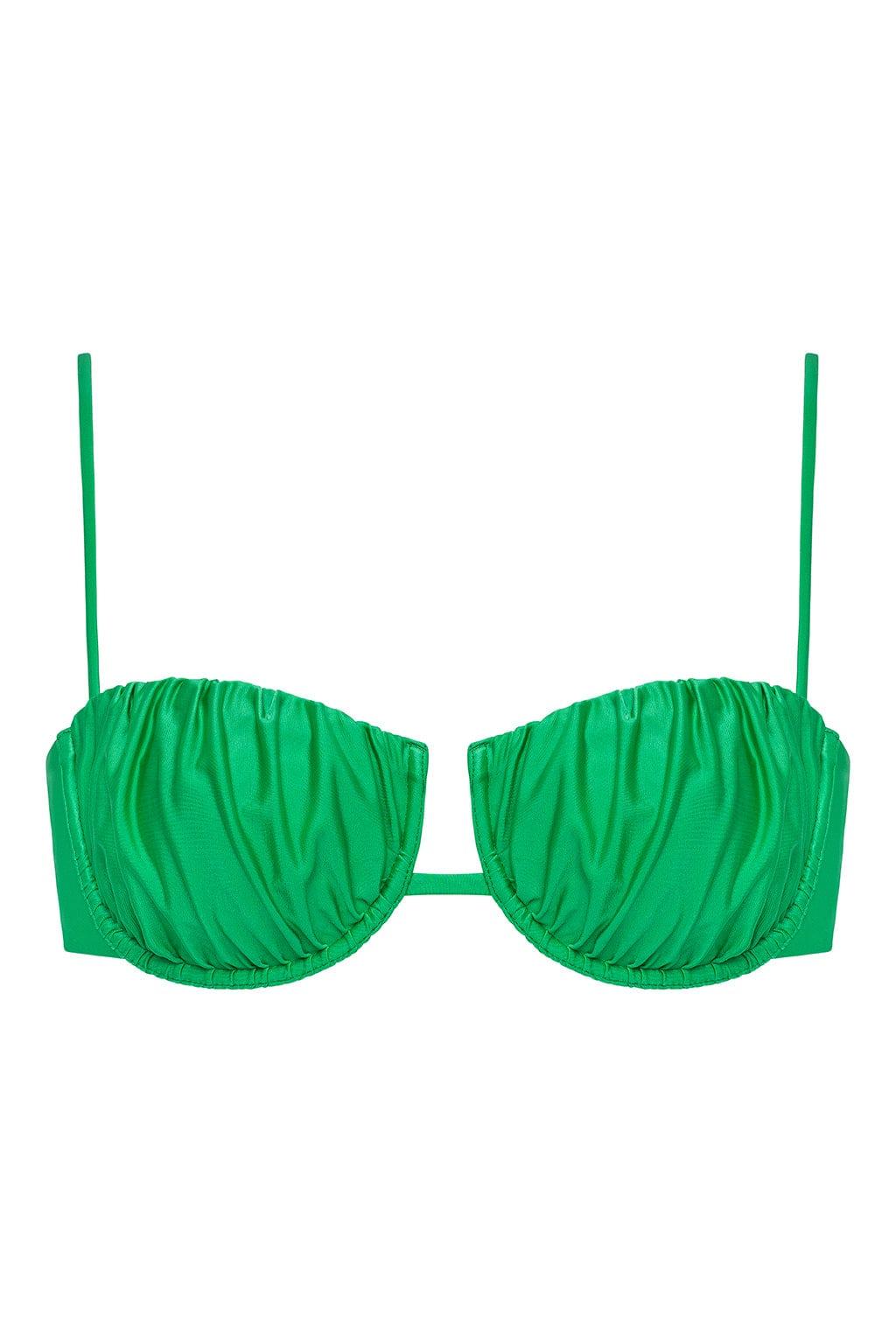Green bikini top with ruched petal-shaped cups, thin shoulder straps, and center front clasp closure.