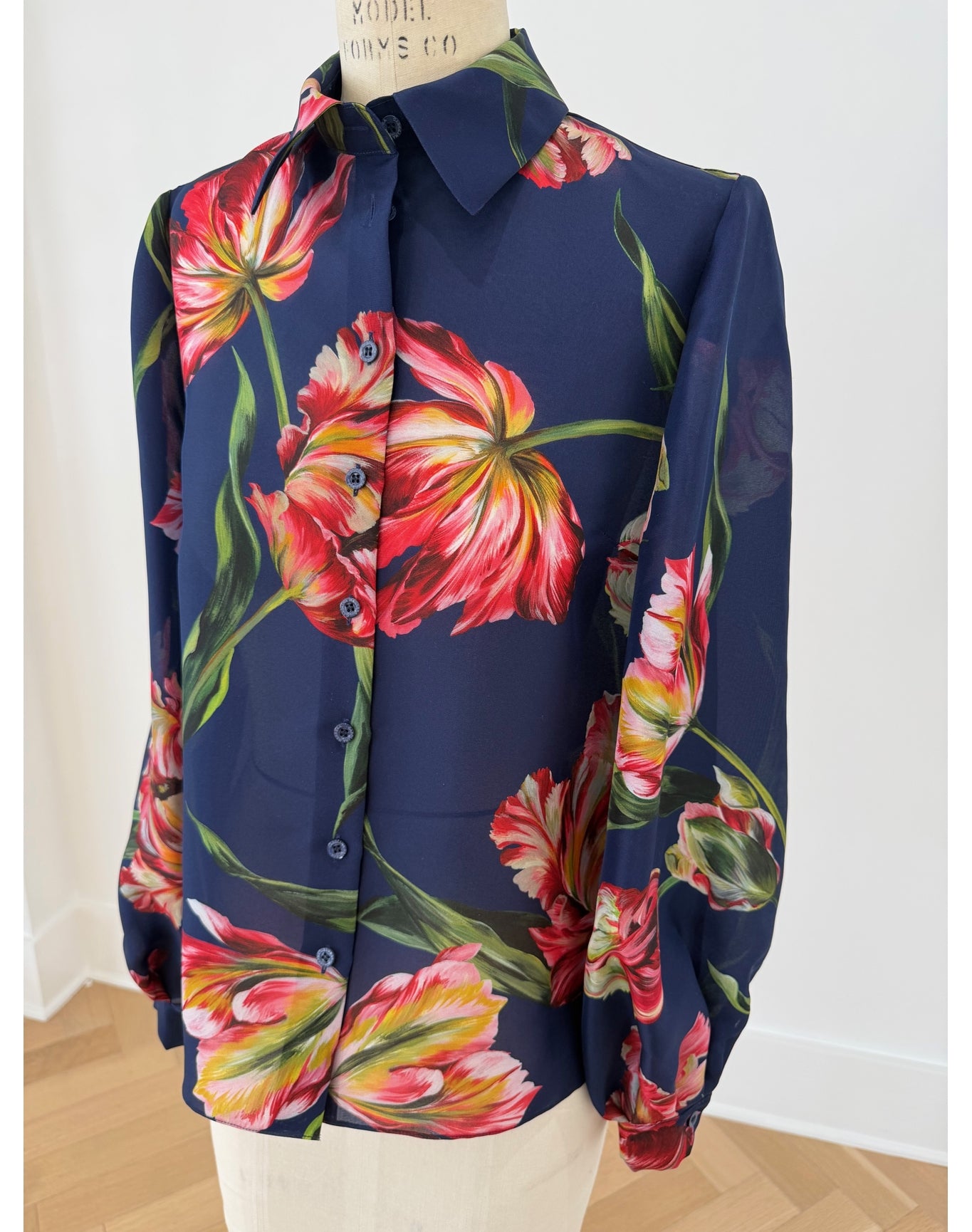 Puff Sleeve Button Down Top | Dark Navy Multi