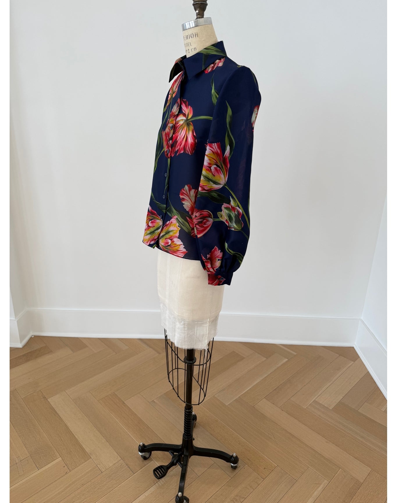 Puff Sleeve Button Down Top | Dark Navy Multi