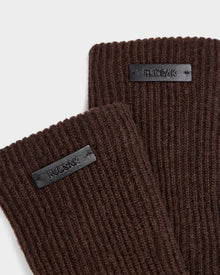 Close-up of two espresso ribbed knit MARINE - 8424516 items by Rudsak, each with a small black rectangular label—perfect for pairing with wool-lined or women’s leather gloves.