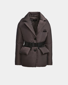 The PAOLA - 8124547 Grey by Rudsak is a womens down blazer with RDS-certified down, notched collar, button closure, two large front pockets, a small chest pocket, and a black belt at the waist, shown against a plain light background.