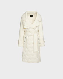 The ZOE - 8124711 Iceland by Rudsak is an off-white women’s long quilted down trench featuring wide lapels, double-breasted buttons, a belted waist, zippered pockets, and cuffed sleeves on a plain light background.