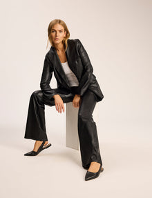 Faux Leather Double-Breasted Blazer::Black::