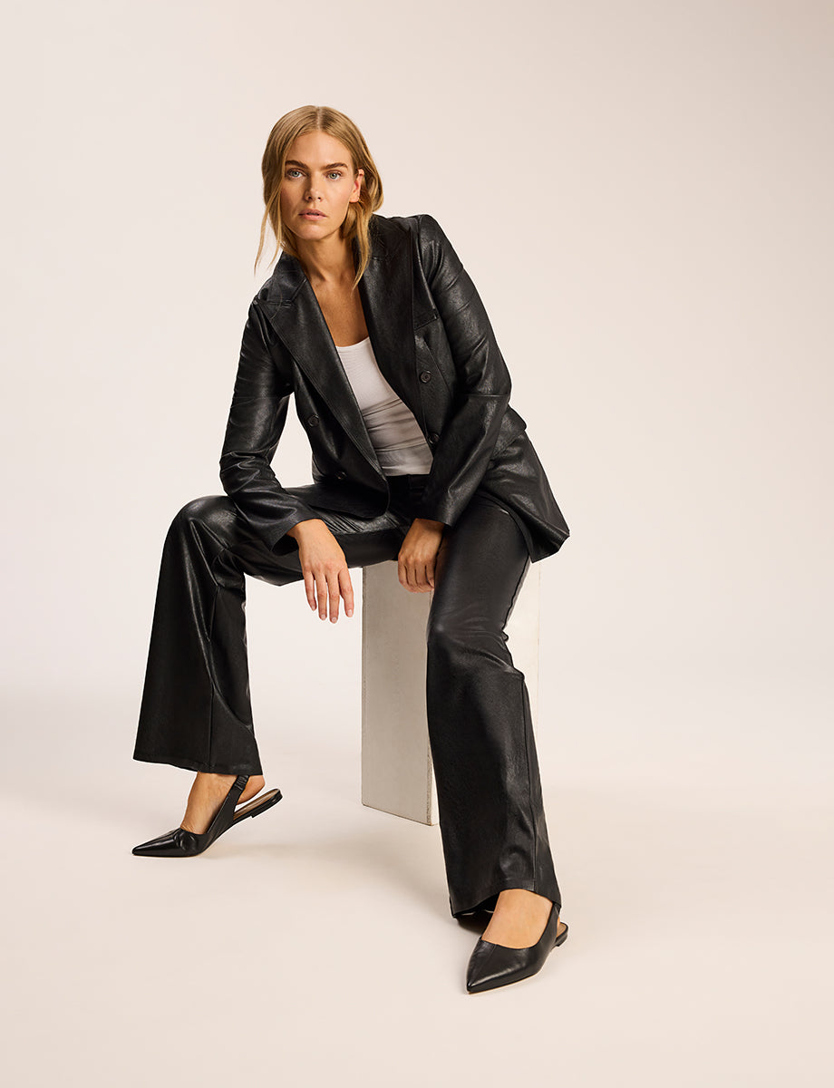 Faux Leather Double-Breasted Blazer::Black::