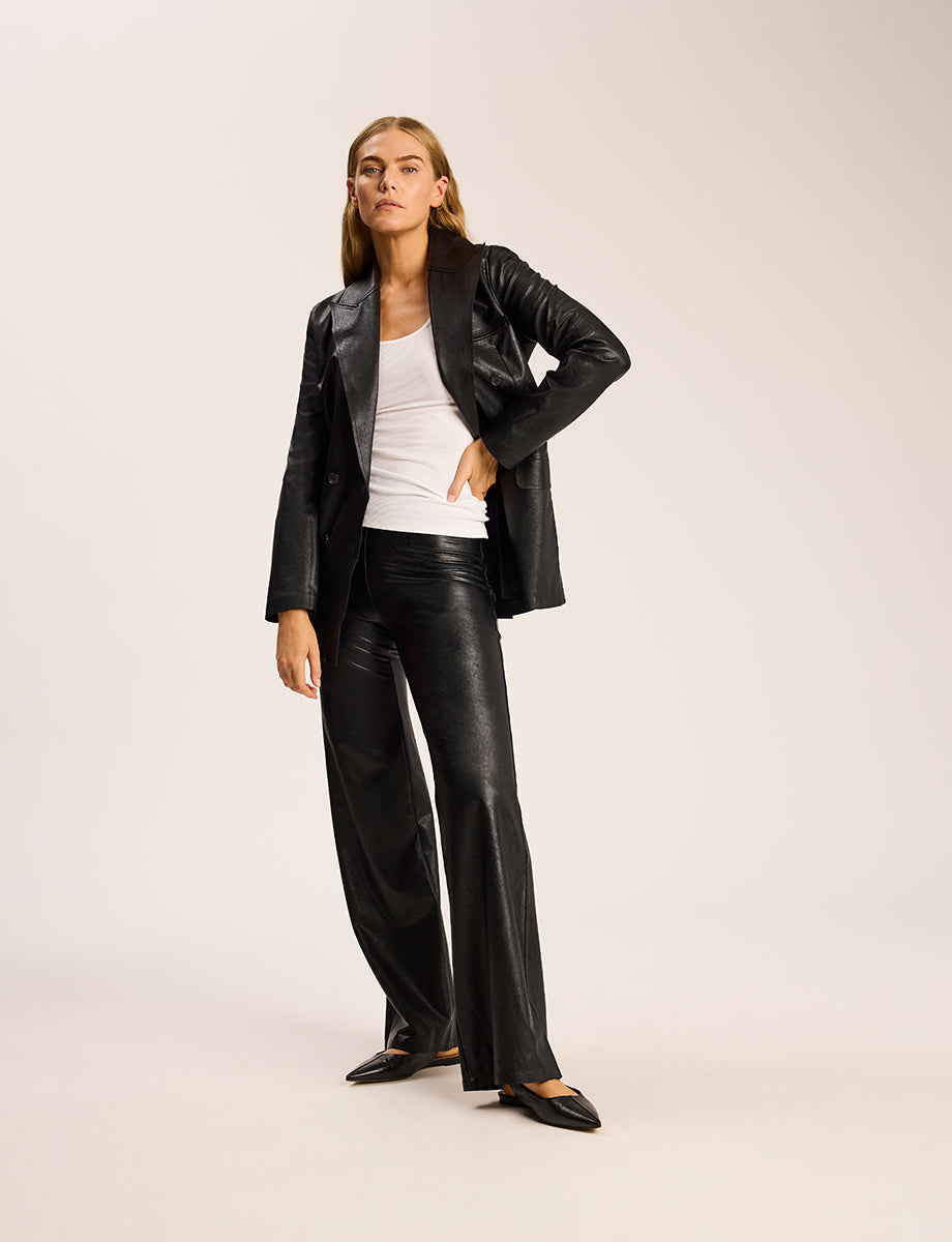 Faux Leather Double-Breasted Blazer::Black::