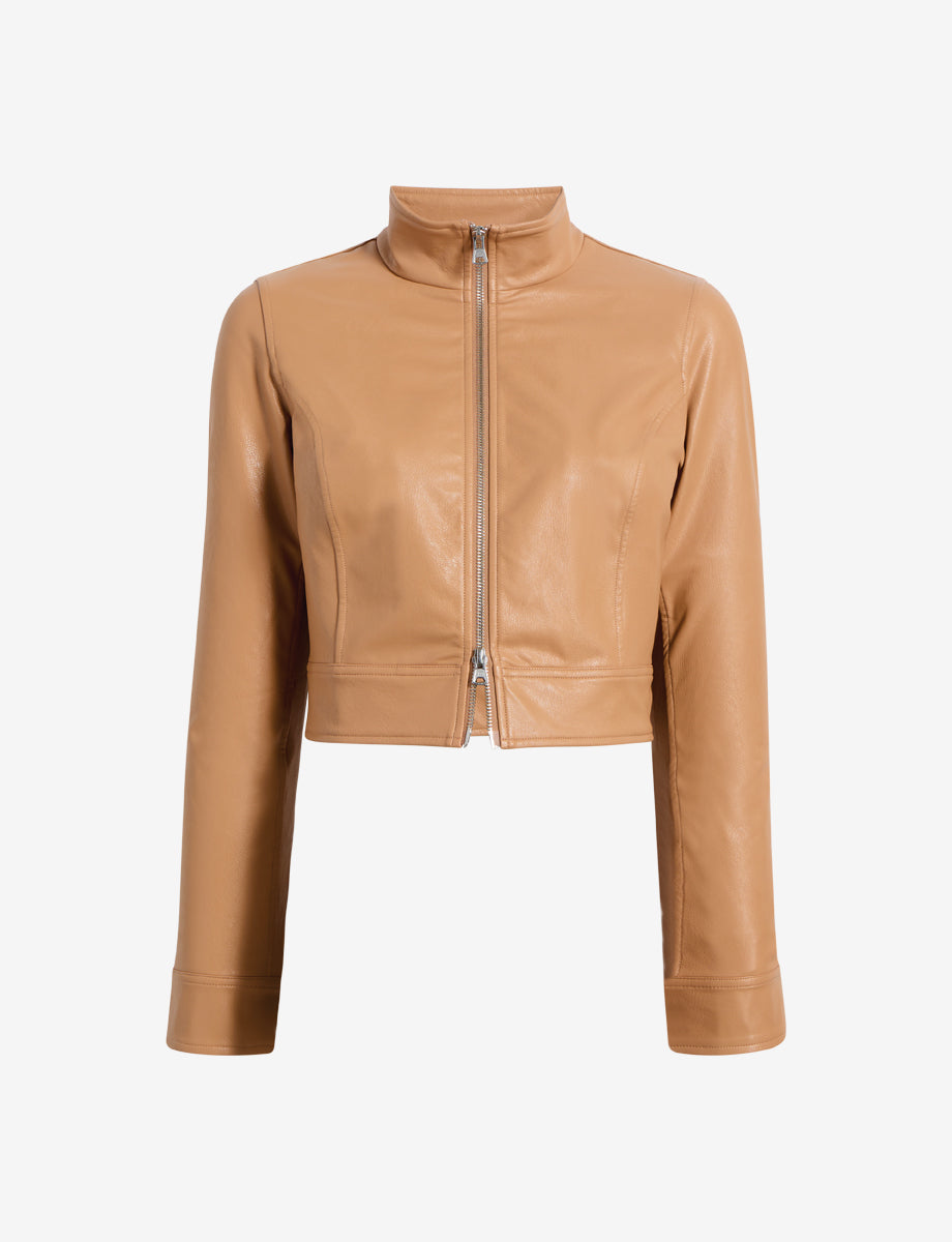 Faux Leather Cropped Biker Jacket::Camel::Main