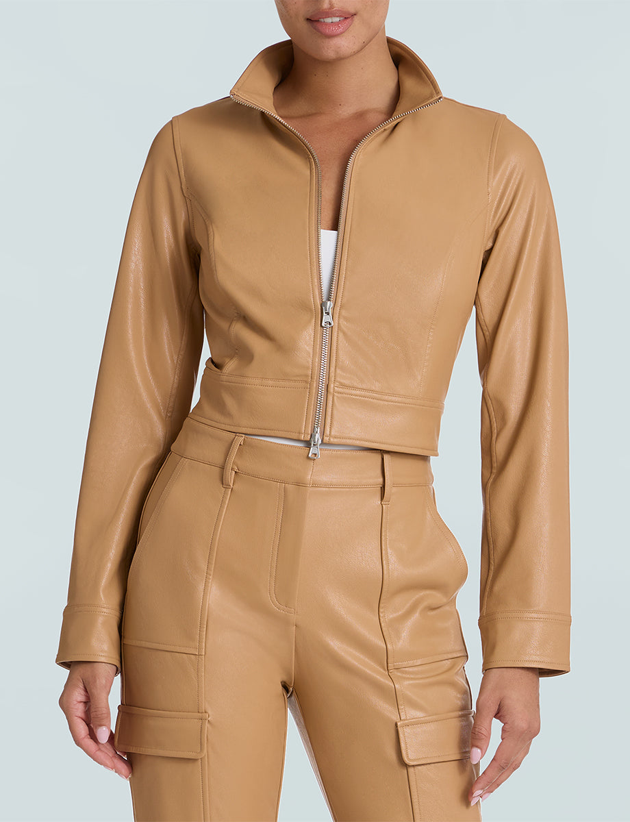 Faux Leather Cropped Biker Jacket::Camel::Hover
