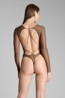Open Back Long Sleeve Thong Bodysuit - French Kiss Light