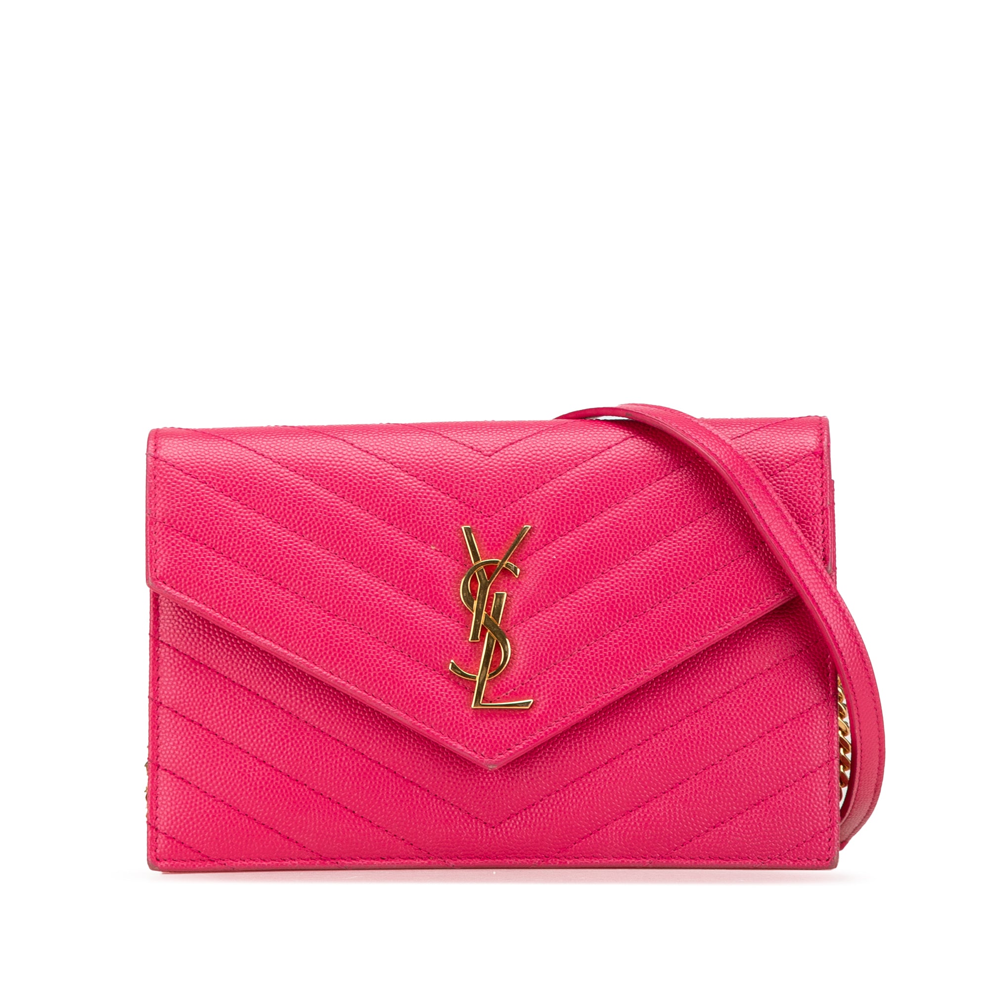 Saint Laurent | Pre-Owned Grain De Poudre Cassandre Envelope Chain Wallet | Pink/Hot Pink