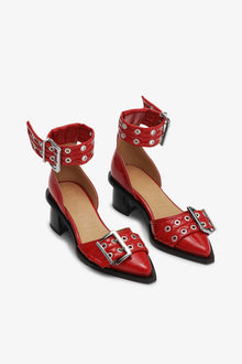 Feminine Buckle Open Cut Pumps | Racing Red