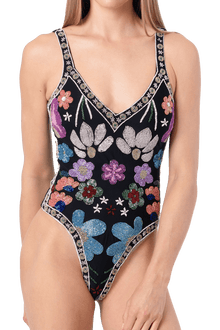Flower Hand - Beaded Embellished One - Piece Swimsuit - Black - Self - Adore