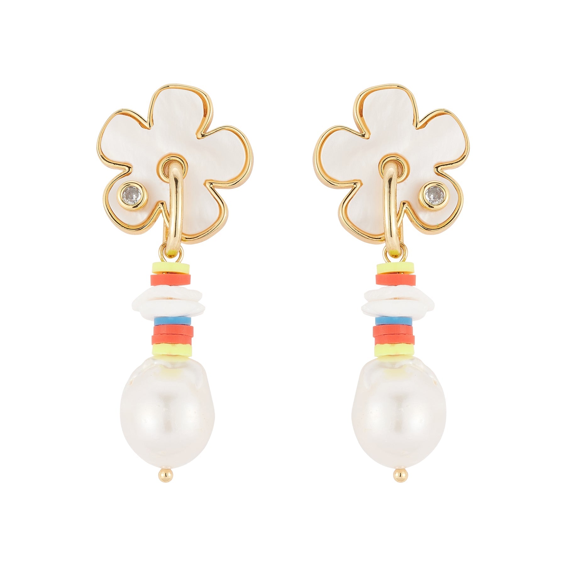 Flower and Multi Bead Pearl Drop Earrings on Flat White Background