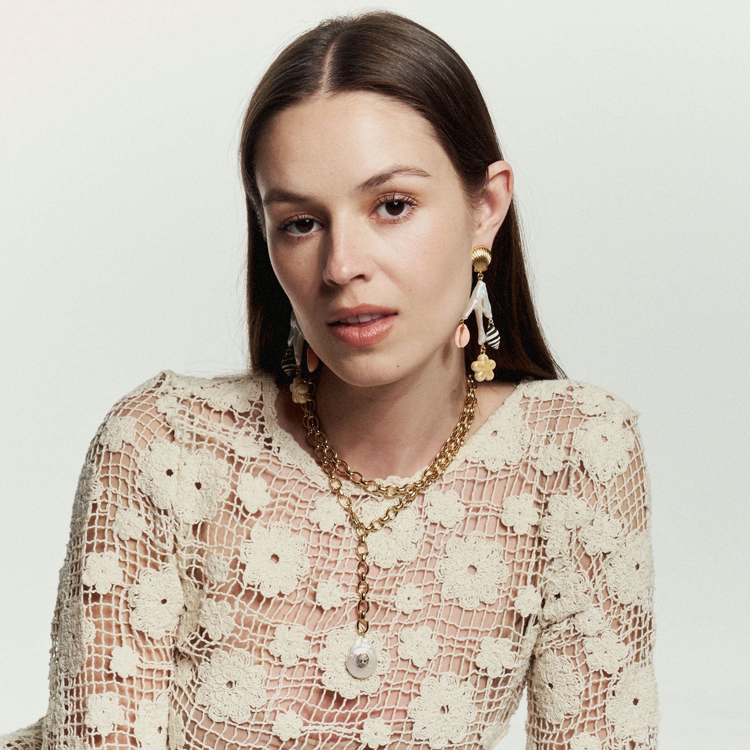 Freshwater Pearl and Gold Chain Necklace Styled on Model