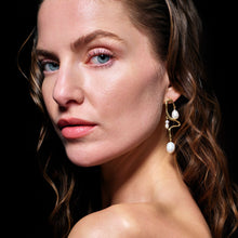 Freshwater Pearl and Gold Drop Earrings Styled on Model