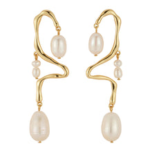 Freshwater Pearl and Gold Drop Earrings on Flat White Background
