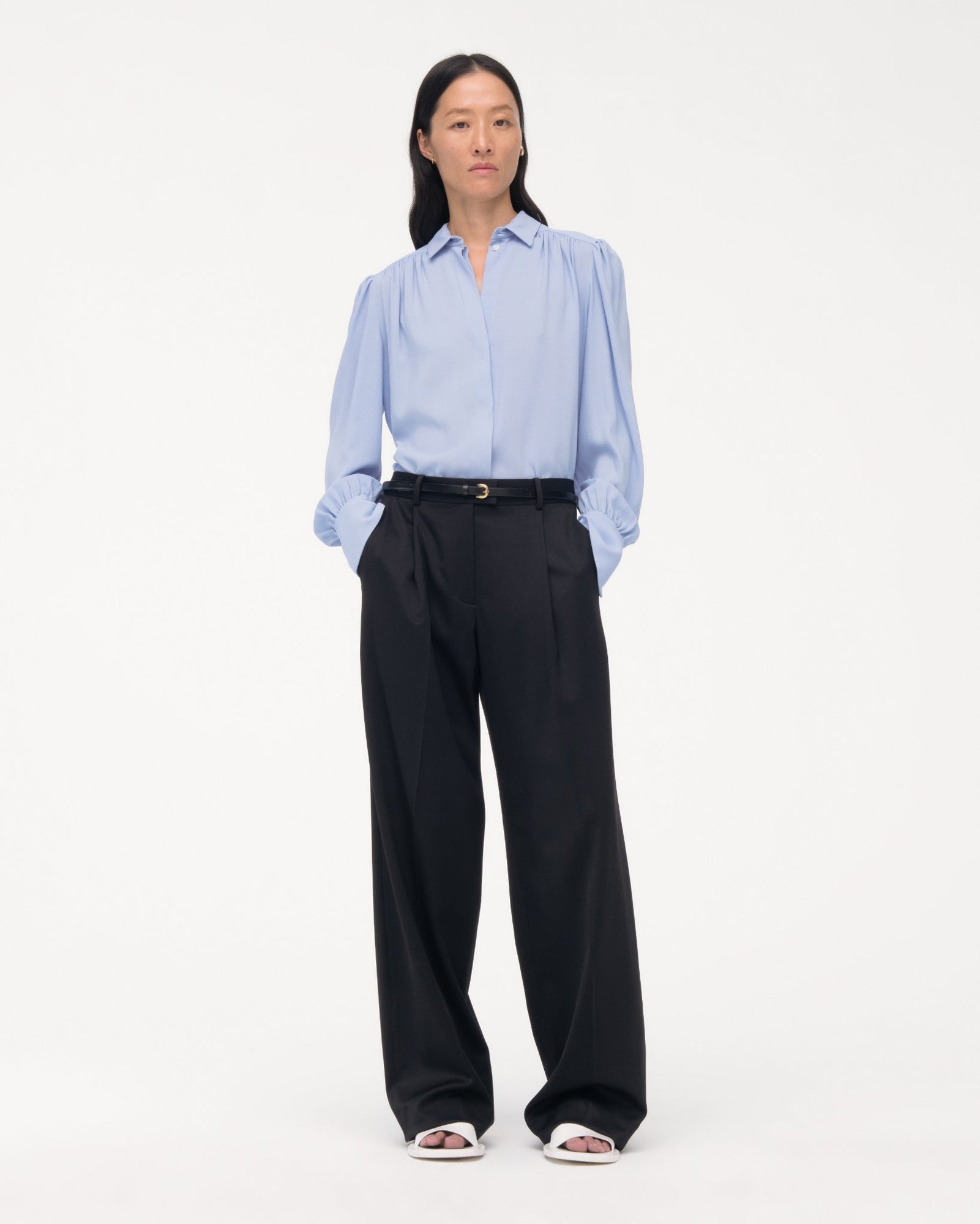 Another Tomorrow Gathered Blouse in Oxford Blue – Viscose Women's Top