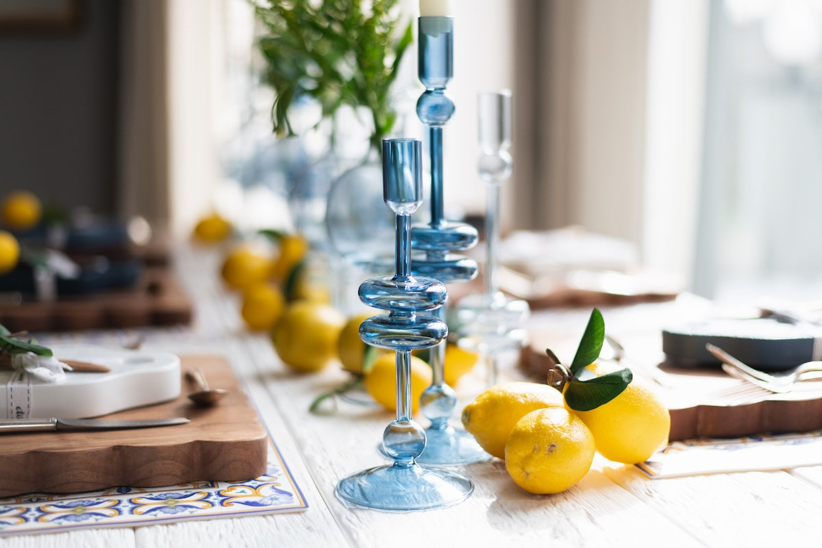 Glass Candlestick | Sapphire | Small | Set of 2