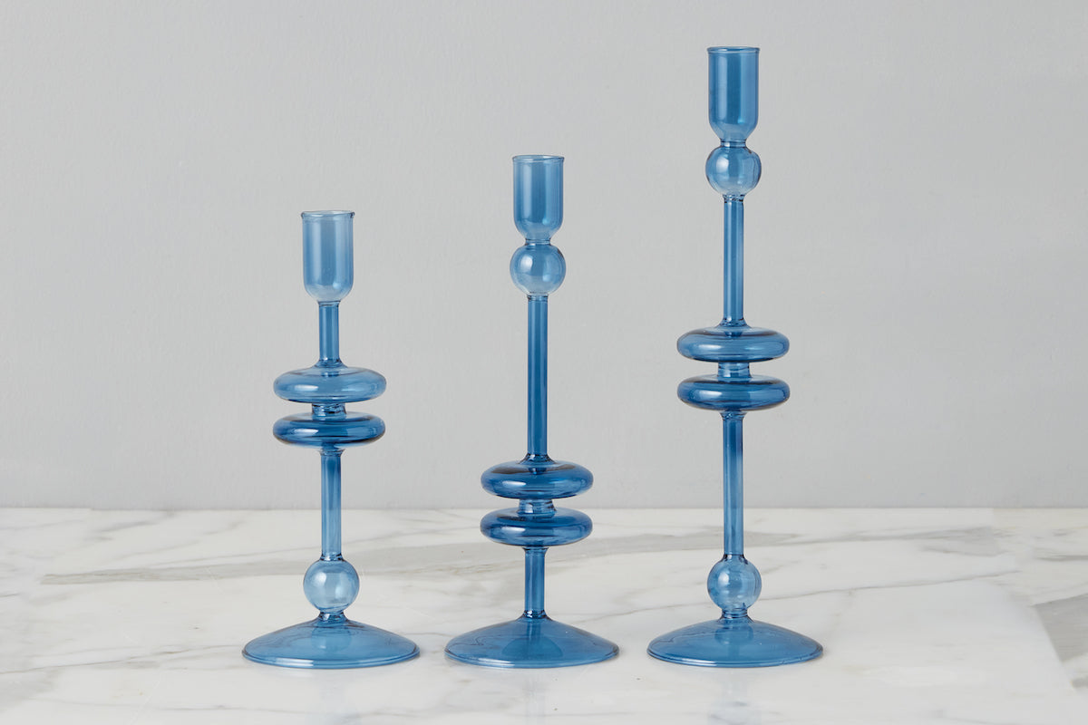 Glass Candlestick | Sapphire | Large | Set of 2