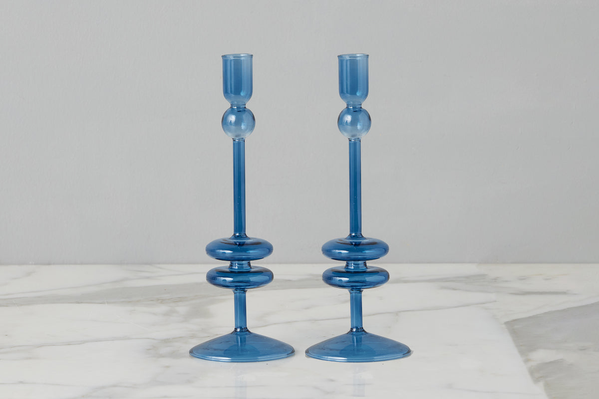 Glass Candlestick | Sapphire | Medium | Set of 2